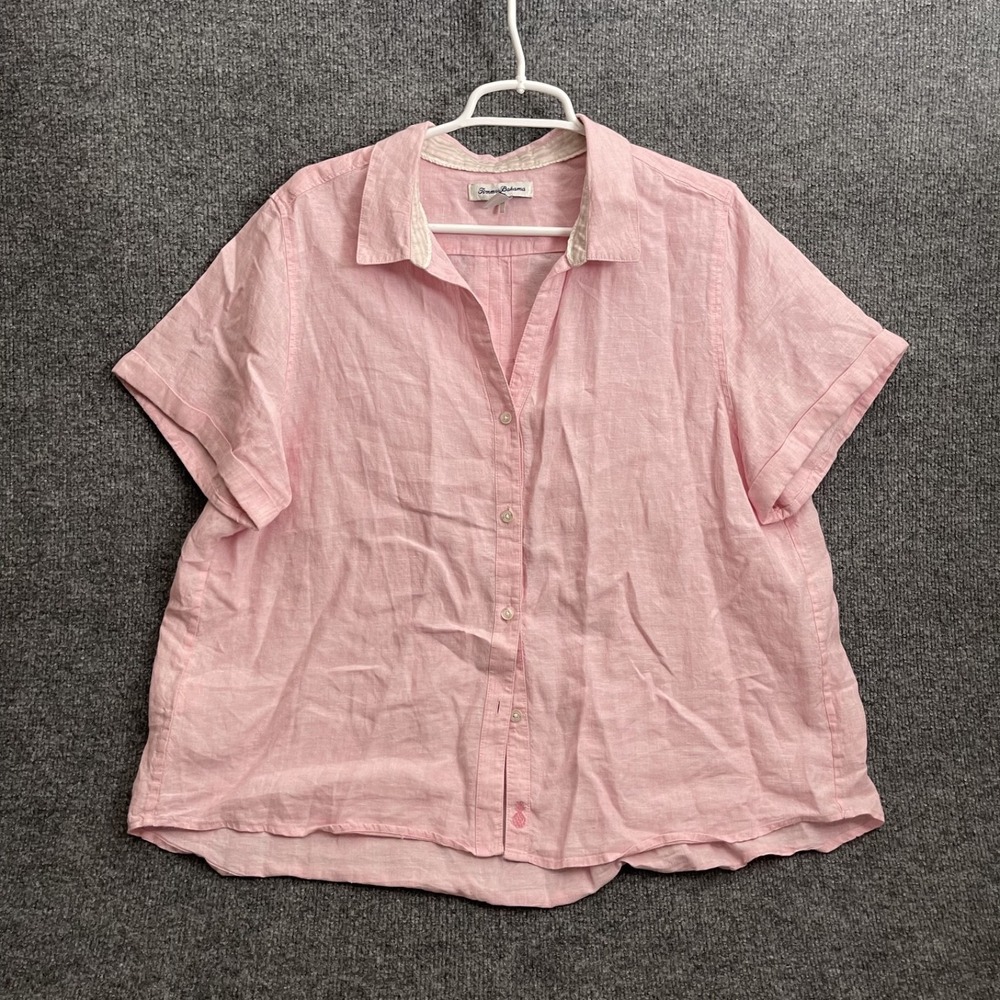Tommy Bahama 100% Linen Blouse Women's Sz XL Pink Short Sleeve Button Up
